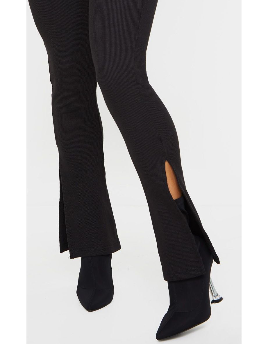 Black High Waisted Textured Rib Split Hem Trousers - 3