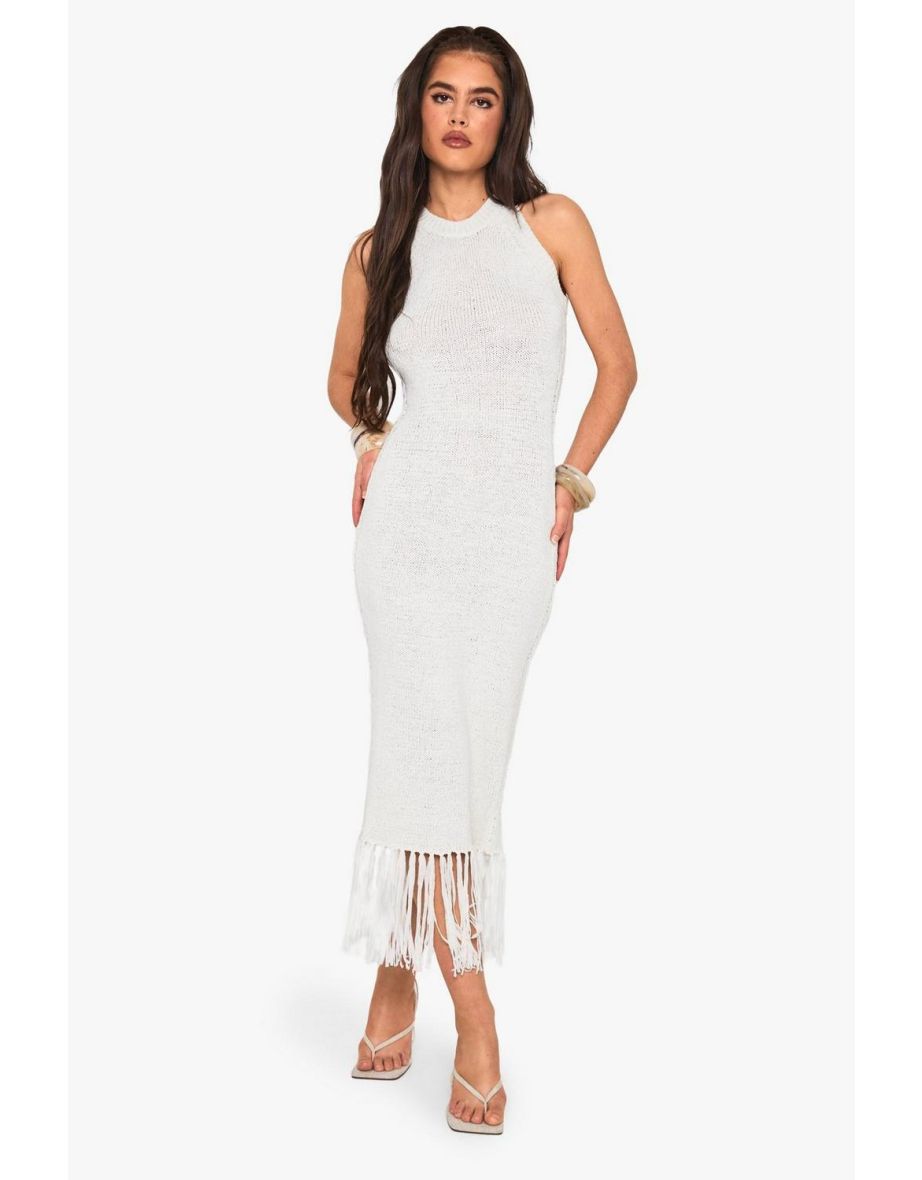 Tassel Detail Crochet Dress - cream