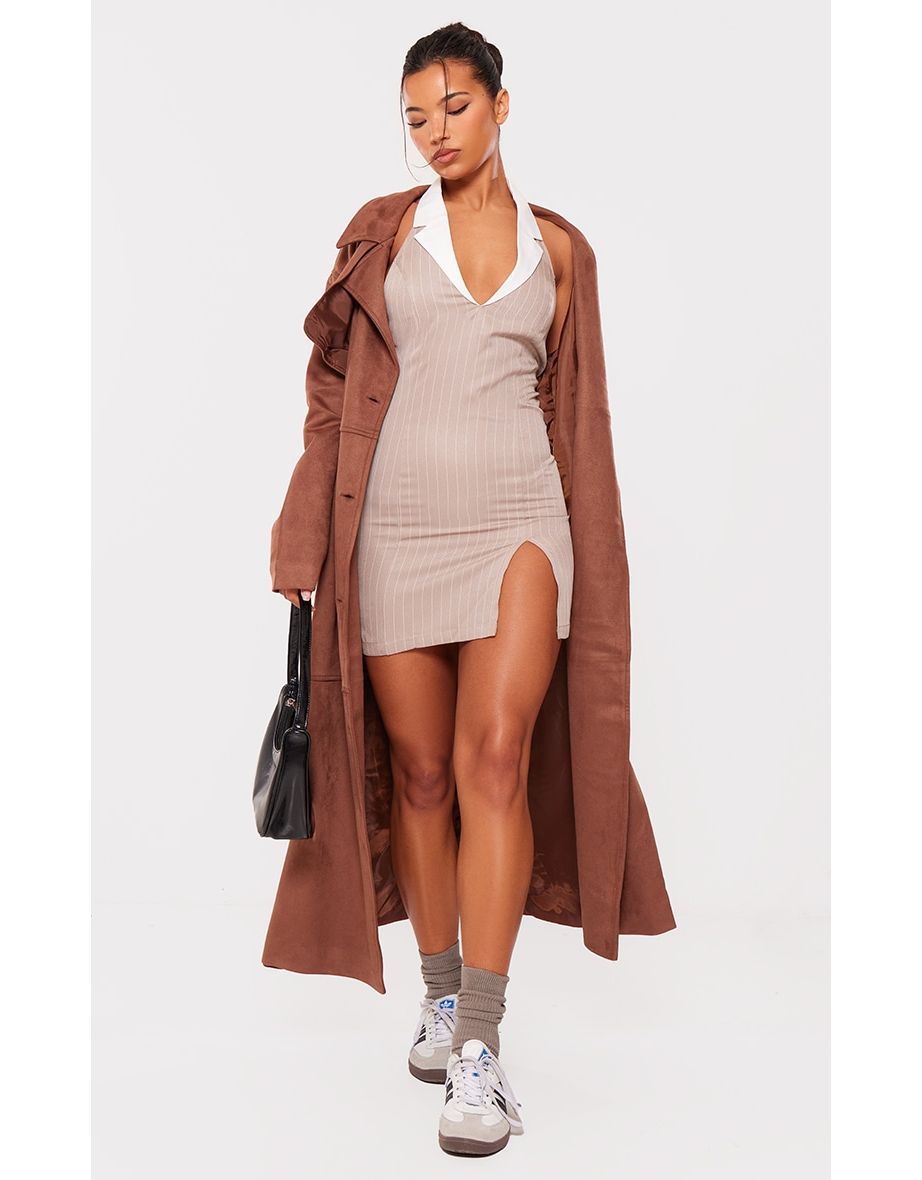 Stone Tailored Woven Pin Stripe Contrast Collar Bodycon Dress