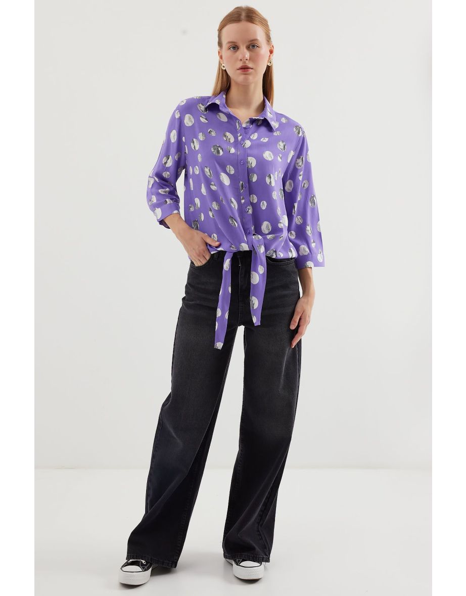 Tie Front Patterned Shirt - Lilac