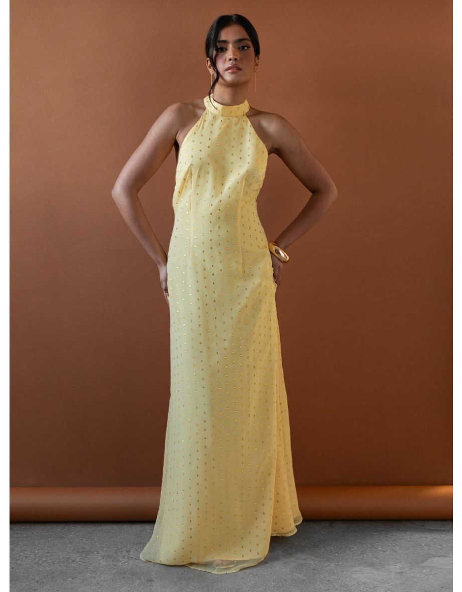 Anaya With Love Recycled Gold Detail Halter Neck & Open Back Yellow Dress