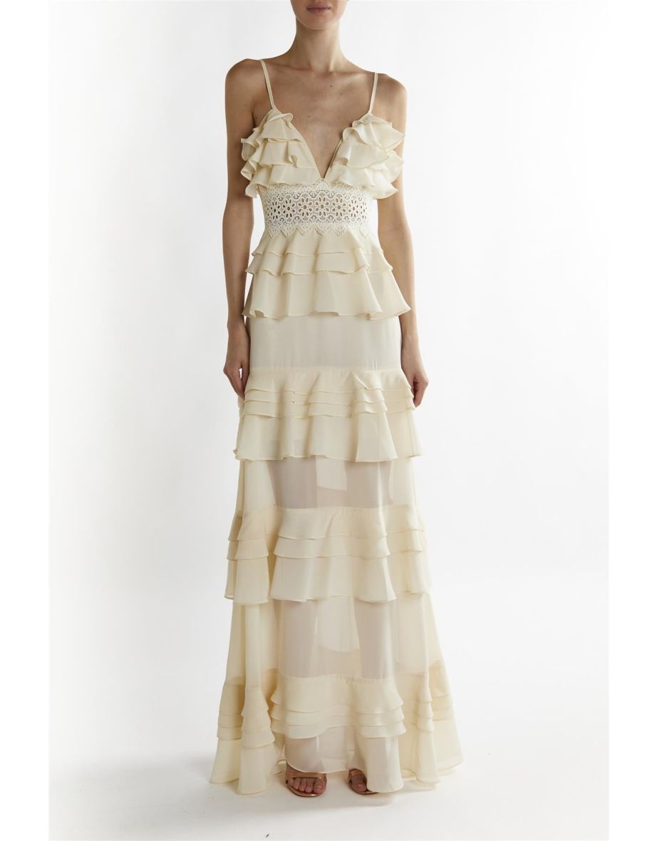 Cream Sophia Plunge Front Tiered Ruffle Maxi-Dress