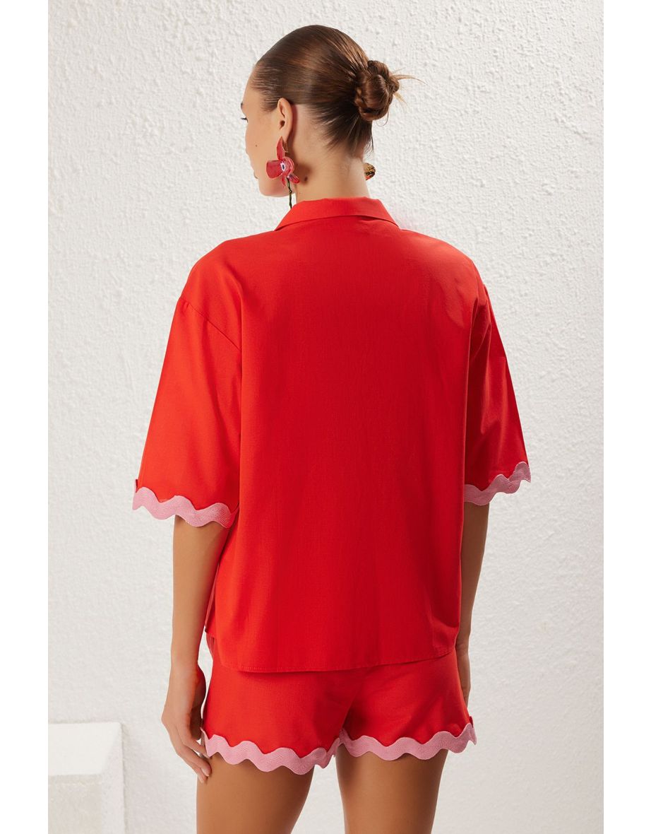 Red Pink Stripe Accessory Kimono Shorts Set - 4