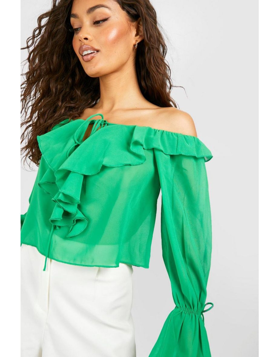 Chiffon Bardot Crop Top - bright green - 3