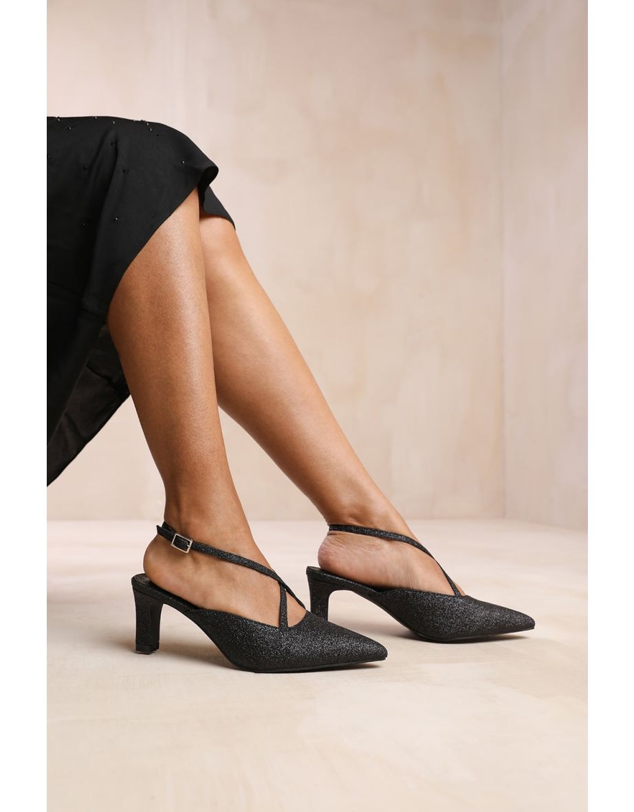 SERNA POINTED TOE LOW BLOCK HEEL WITH CROSS OVER ANKLE STRAP IN BLACK FINE GLITTER