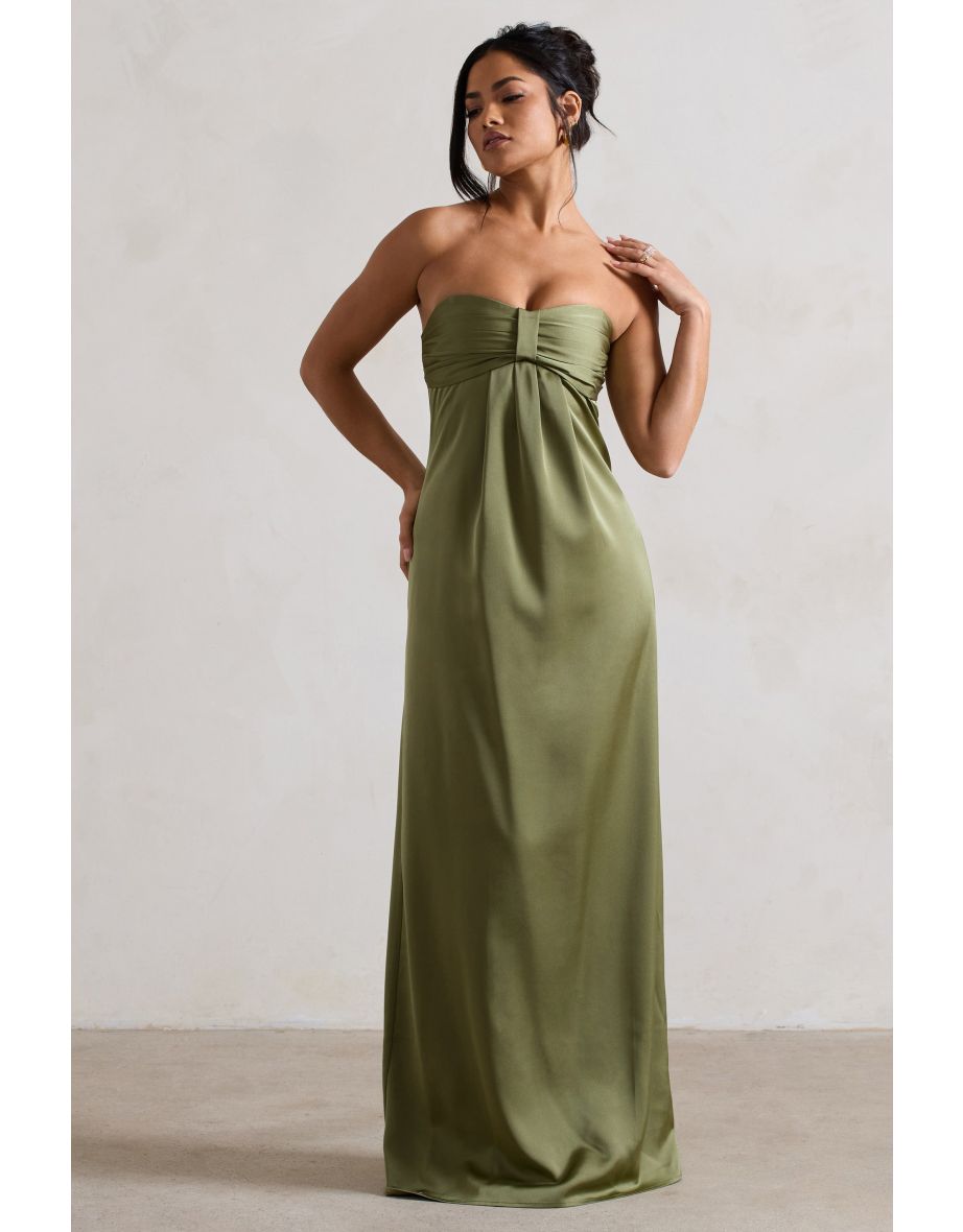 April | Olive Green Satin Sweetheart Maxi Dress