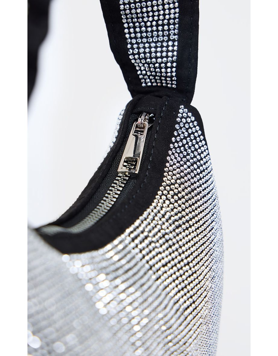Silver Diamante Ruched Handle Shoulder Bag - 3