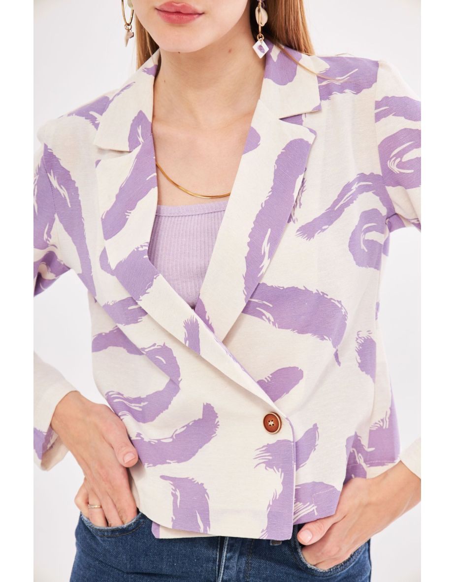 Women's Lilac Double Breasted Collar Patterned Blazer - 4
