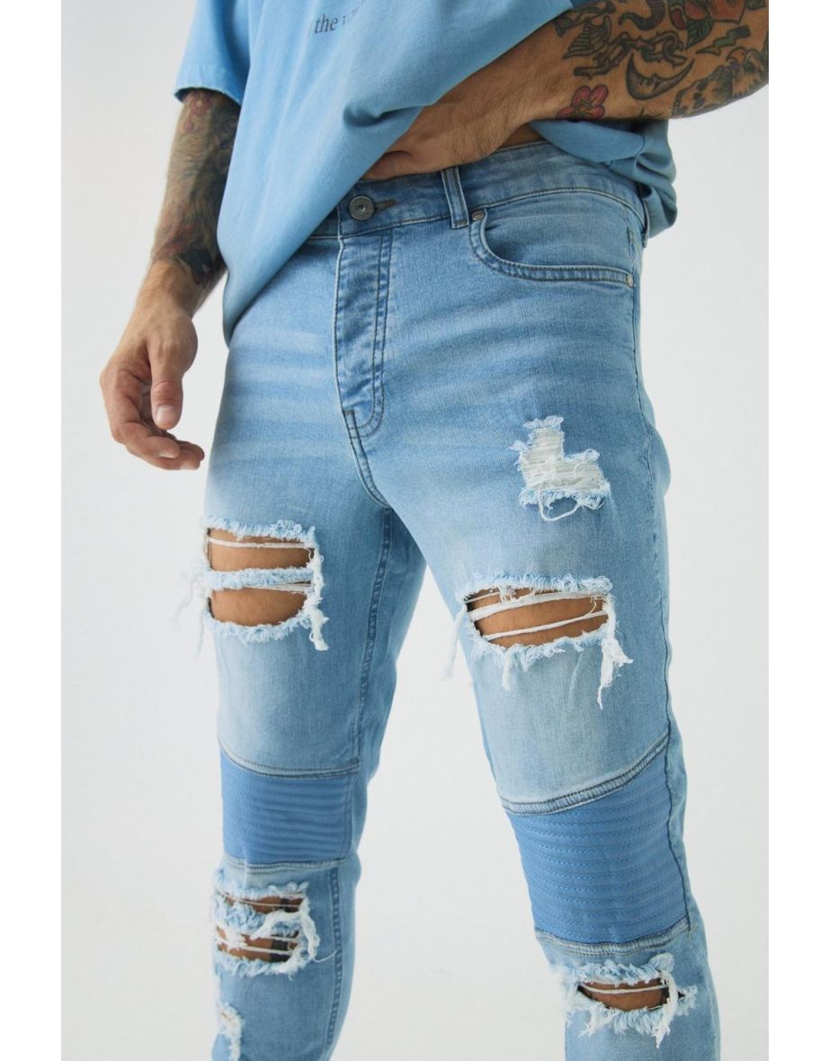 Skinny Distressed Raw Hem Biker Jeans - light blue - 2