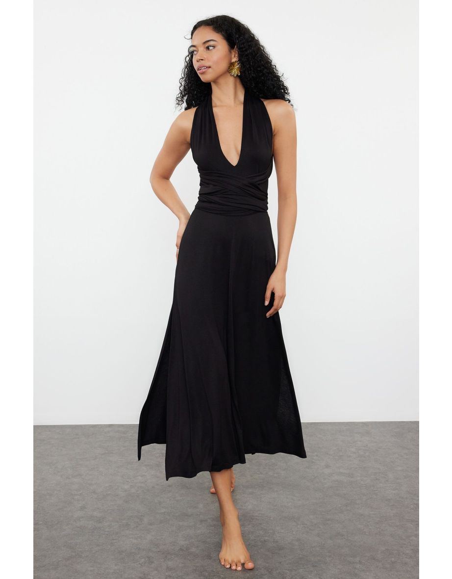 Black Plain Regular Midi Knitted 97% Viscose,3% Elastane Dress - 7