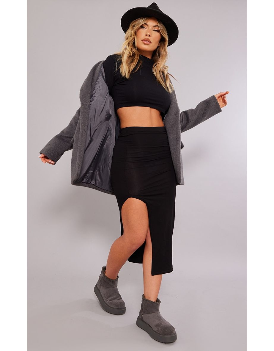 Black Cotton Low Rise Thigh Split Midi Skirt