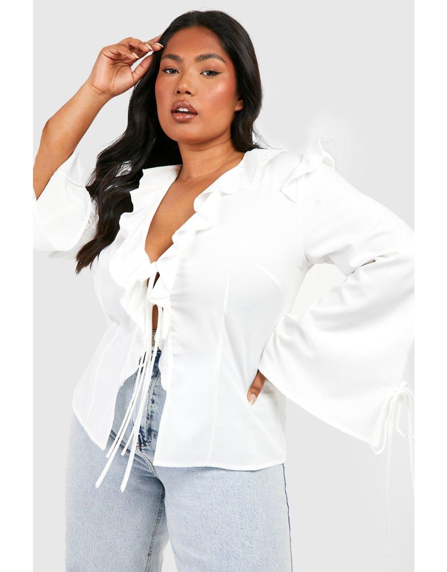 Plus Ruffle Tie Front Blouse - white - 3