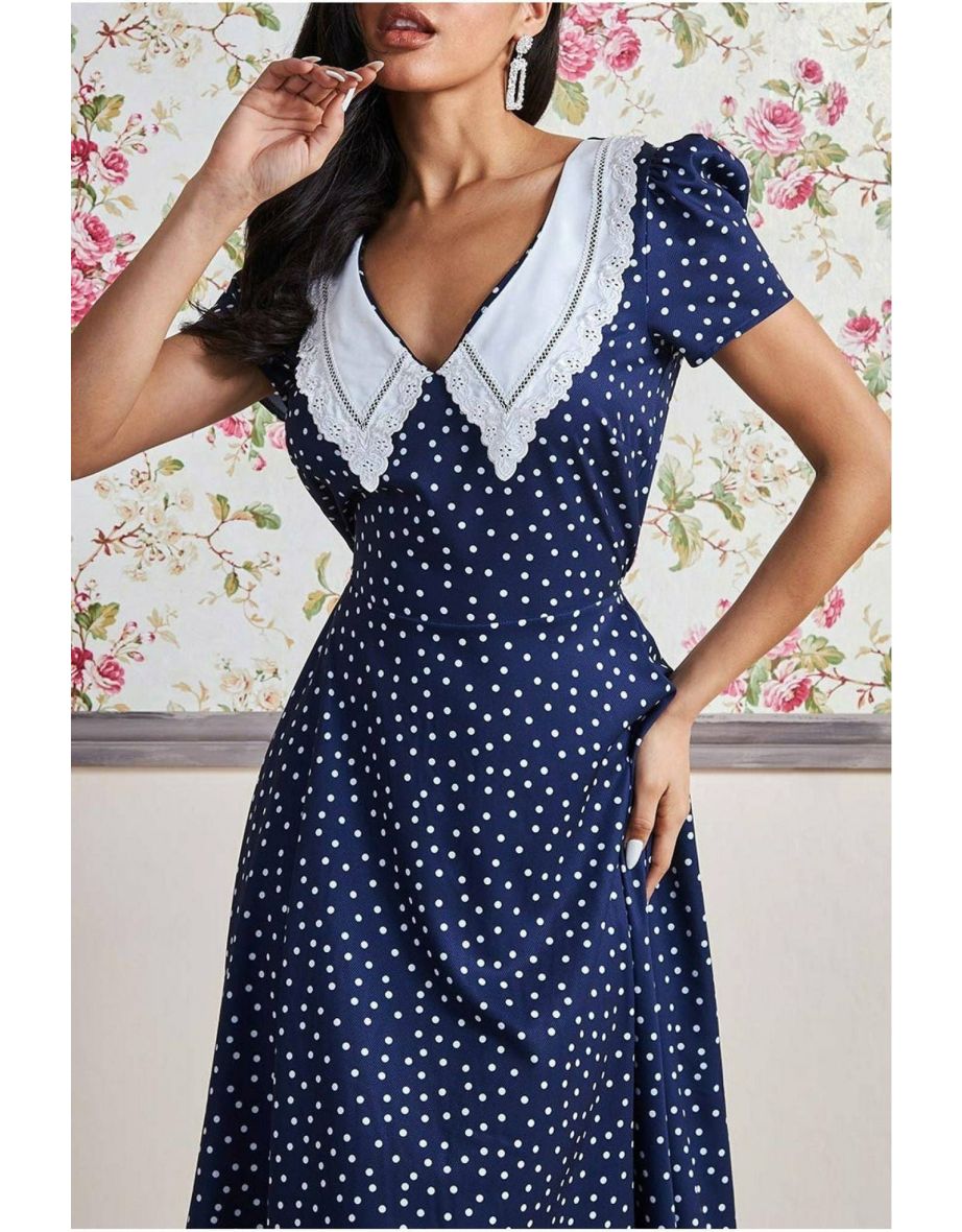 Goddiva Printed Tea Dress With Collar - Navy - 3