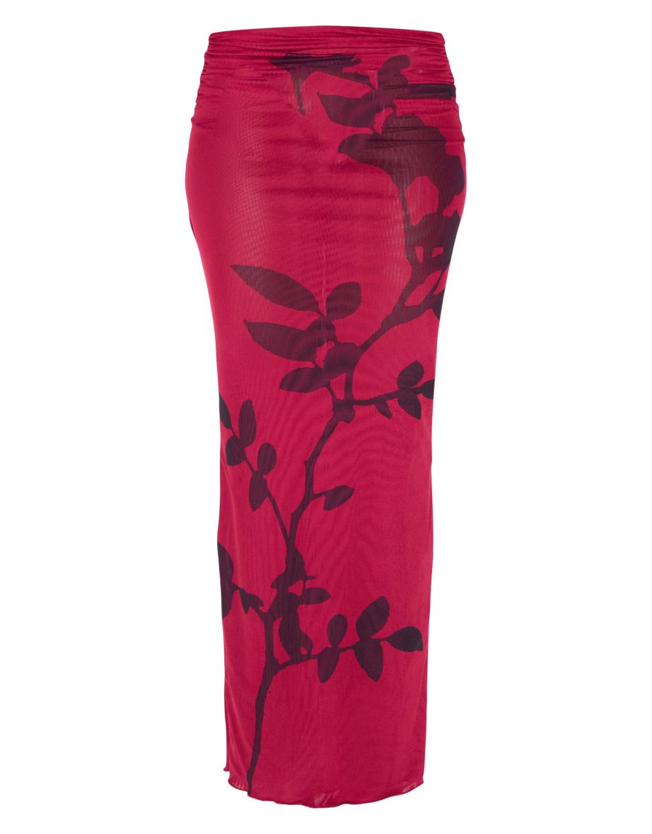 Burgundy Flower Printed Mesh Ruched Low Rise Maxi Skirt - 4