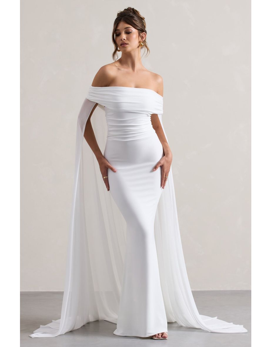 Carlotta | White Bardot Maxi Dress With Chiffon Cape - 6