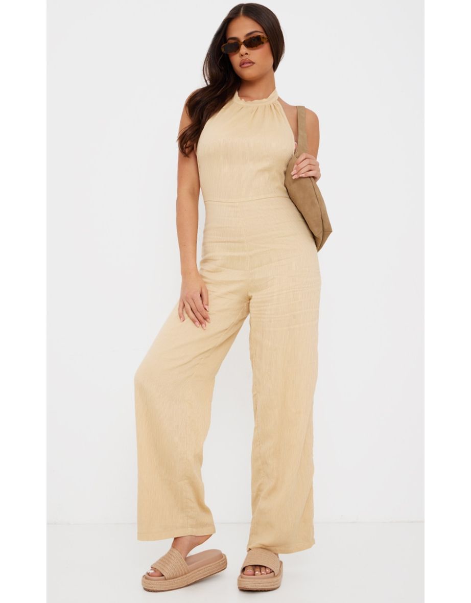 Camel Textured Halterneck Low Back Jumpsuit