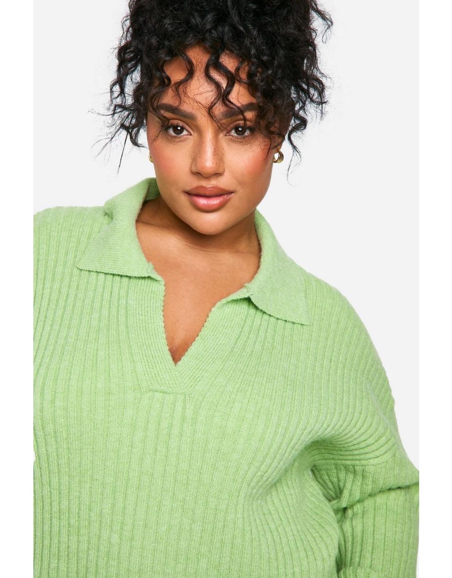 Plus Soft Wide Rib Knit Collared Jumper - green - 3