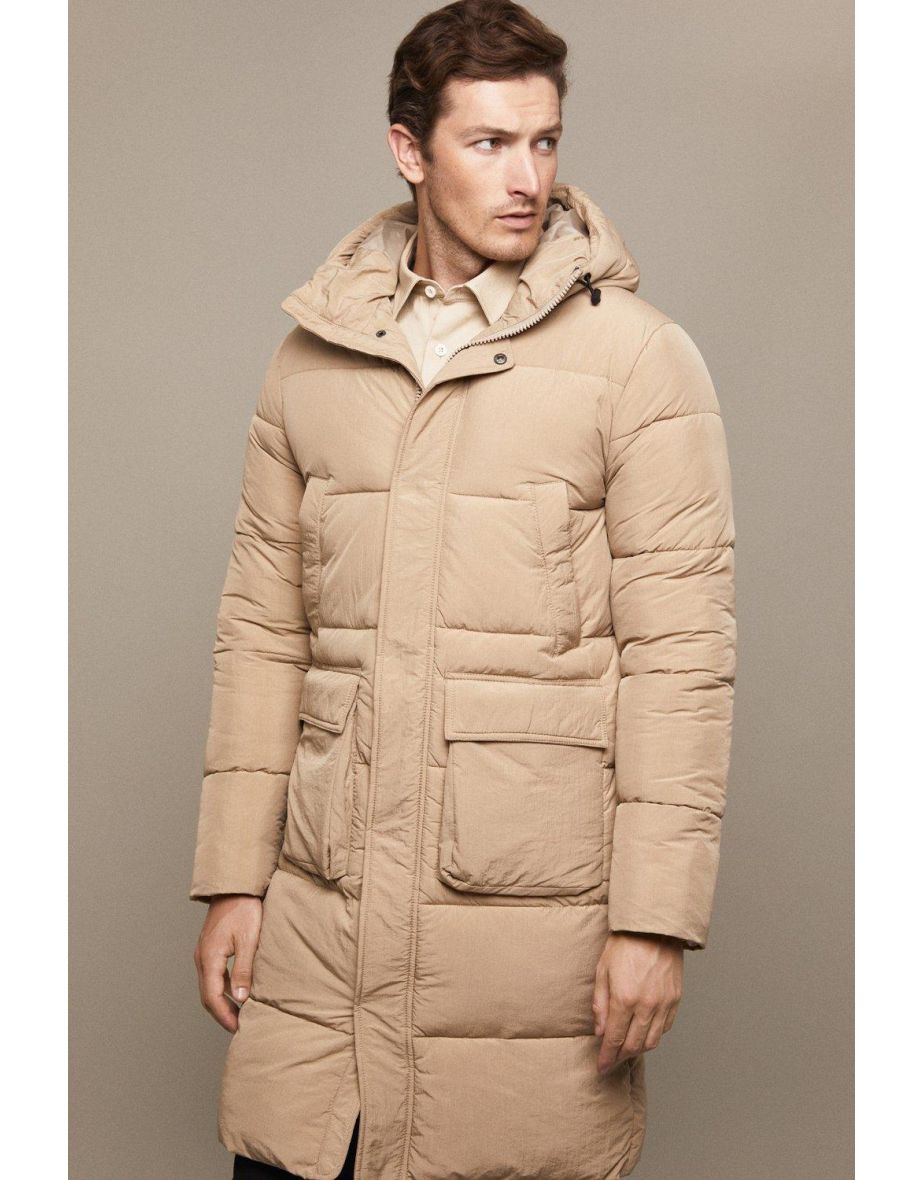 Crinkle Nylon Hooded Longline Puffer Jacket
