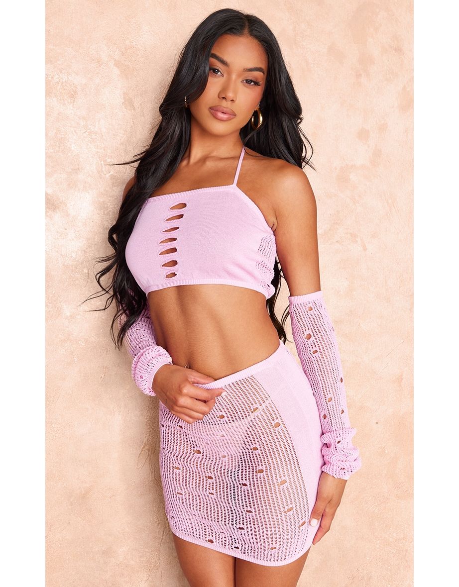 Pink Distressed Textured Knit Crop Top