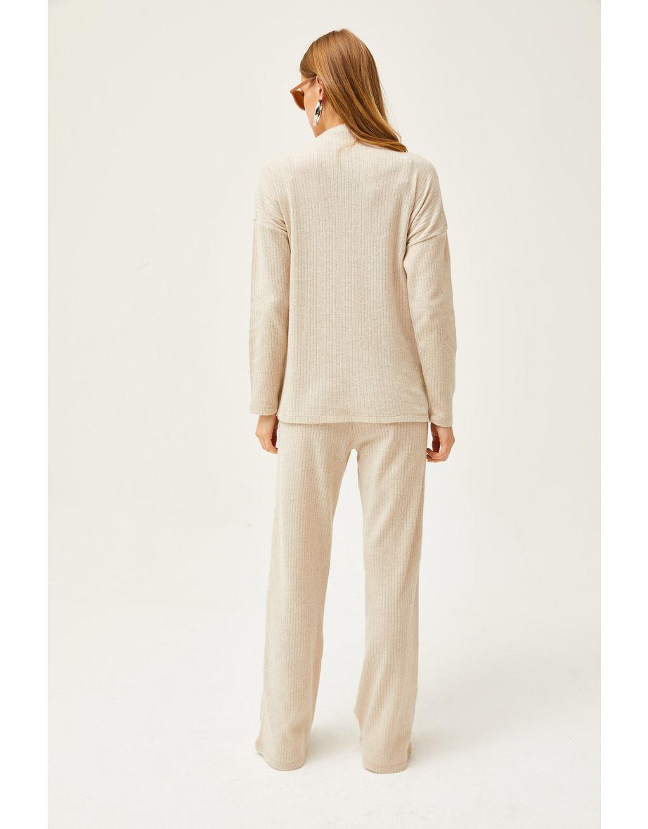 Women's Stone Bottom Pocket Trousers Top High Collar Blouse Raised Suit - 6