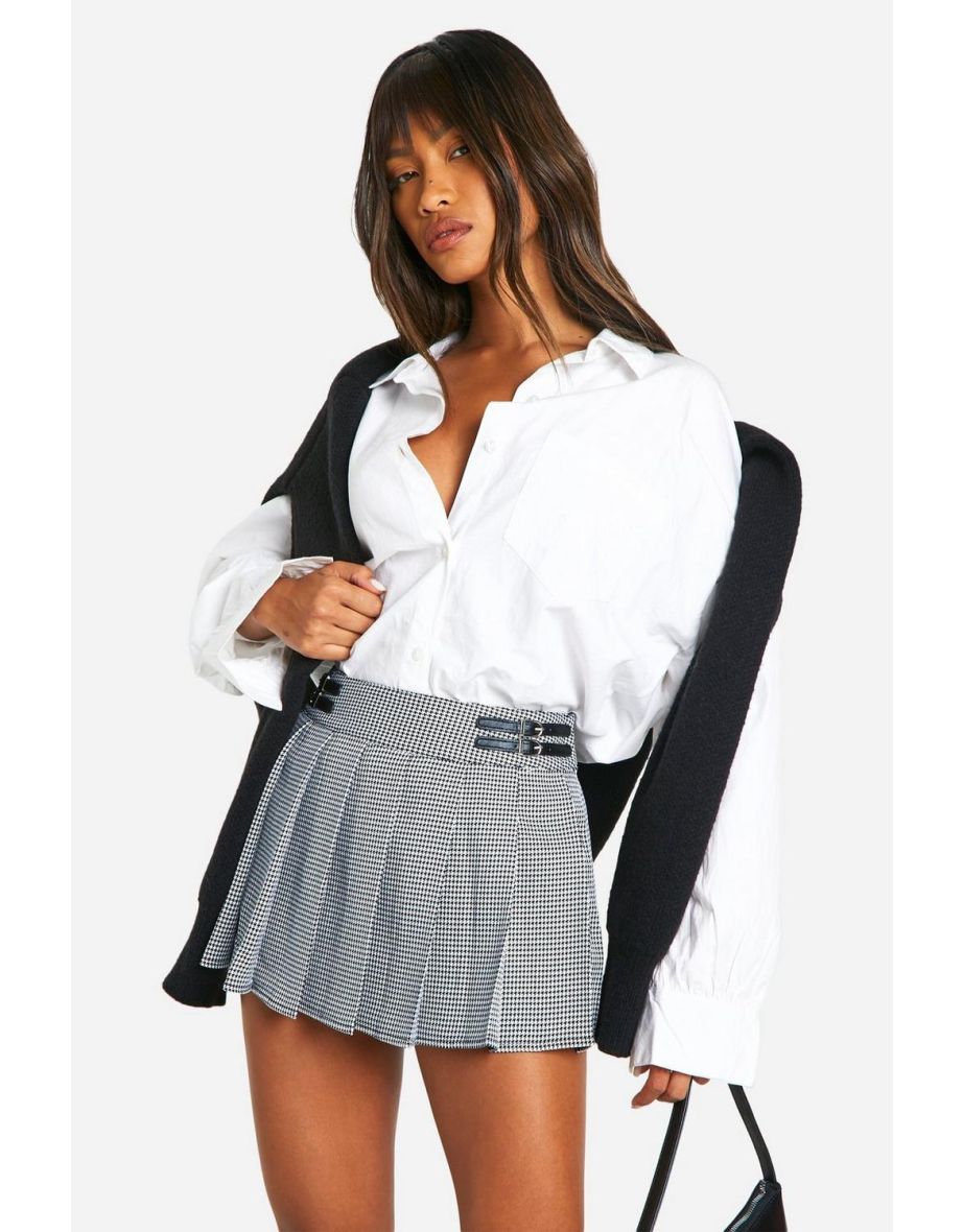Houndstooth Buckle Detail Pleated Mini Skirt