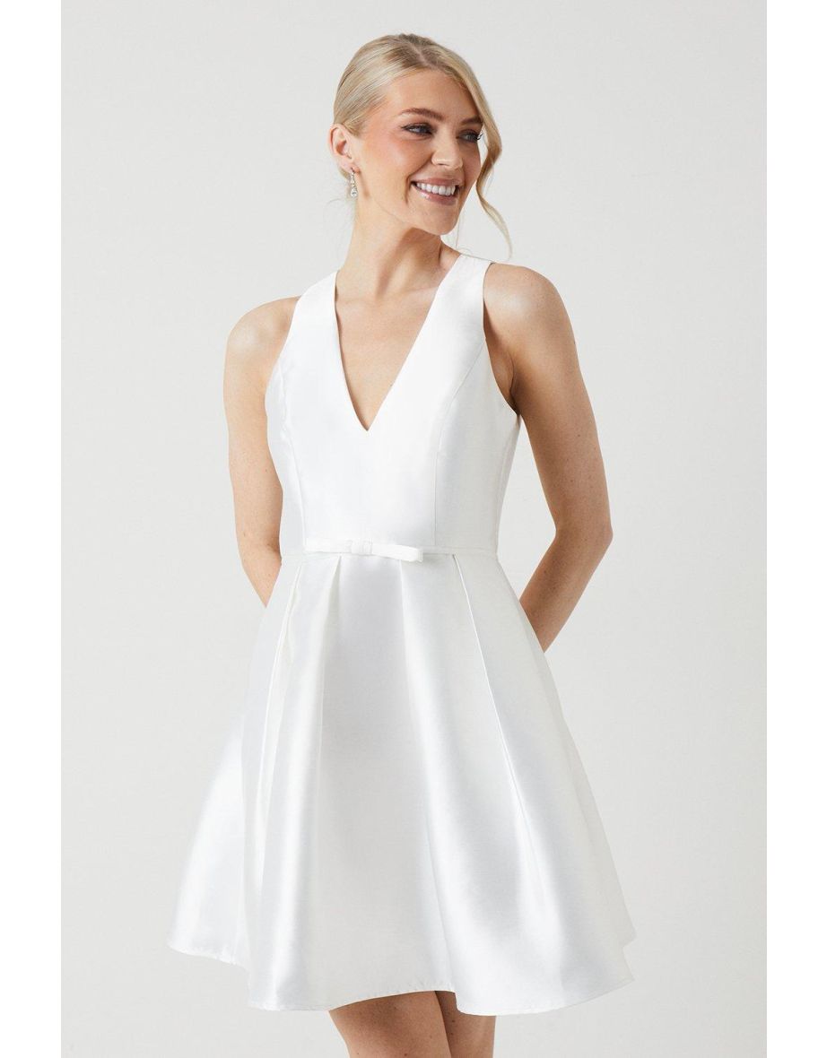 Plunge Neck Bow Waist Mini Dress With Pockets