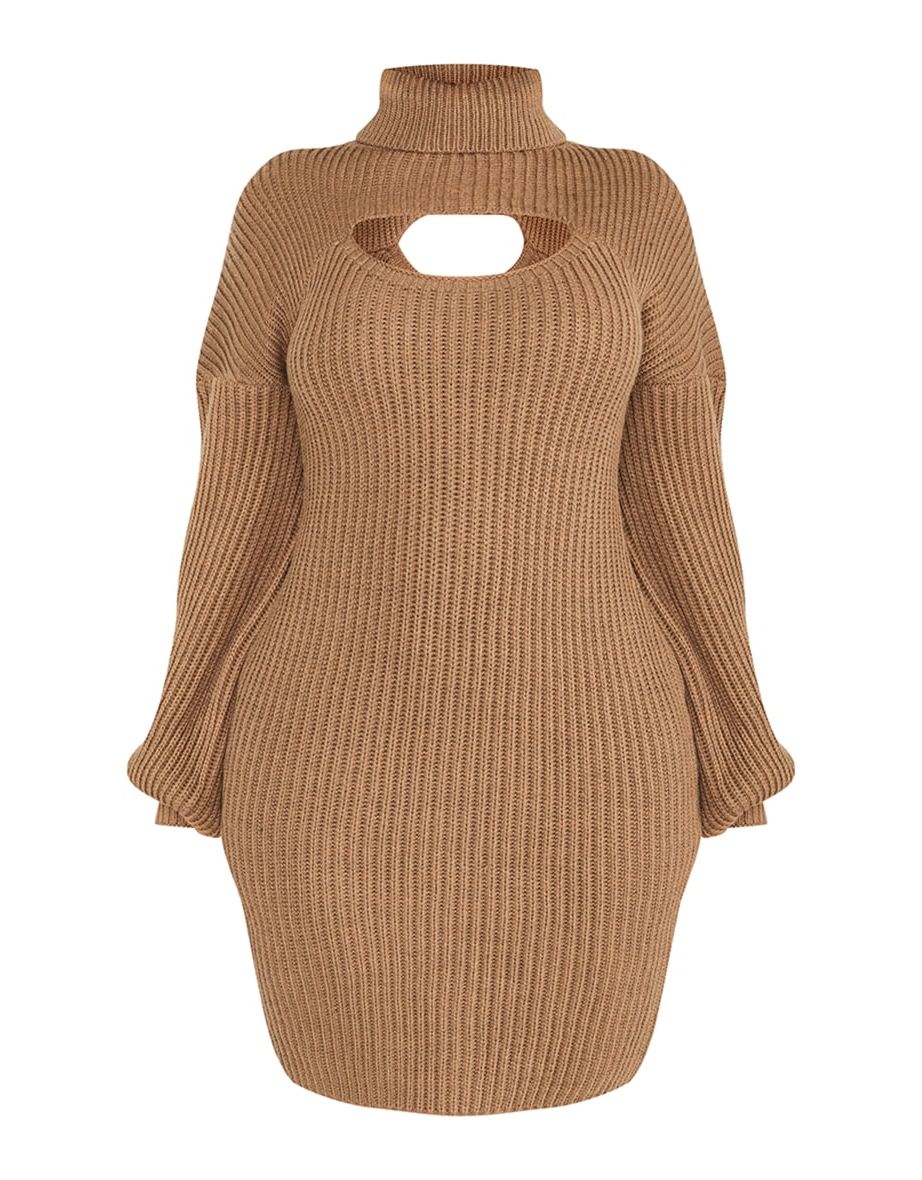 Shape Khaki 2 In 1 High Neck Balloon Sleeve Bodycon Jumper Dress - 4