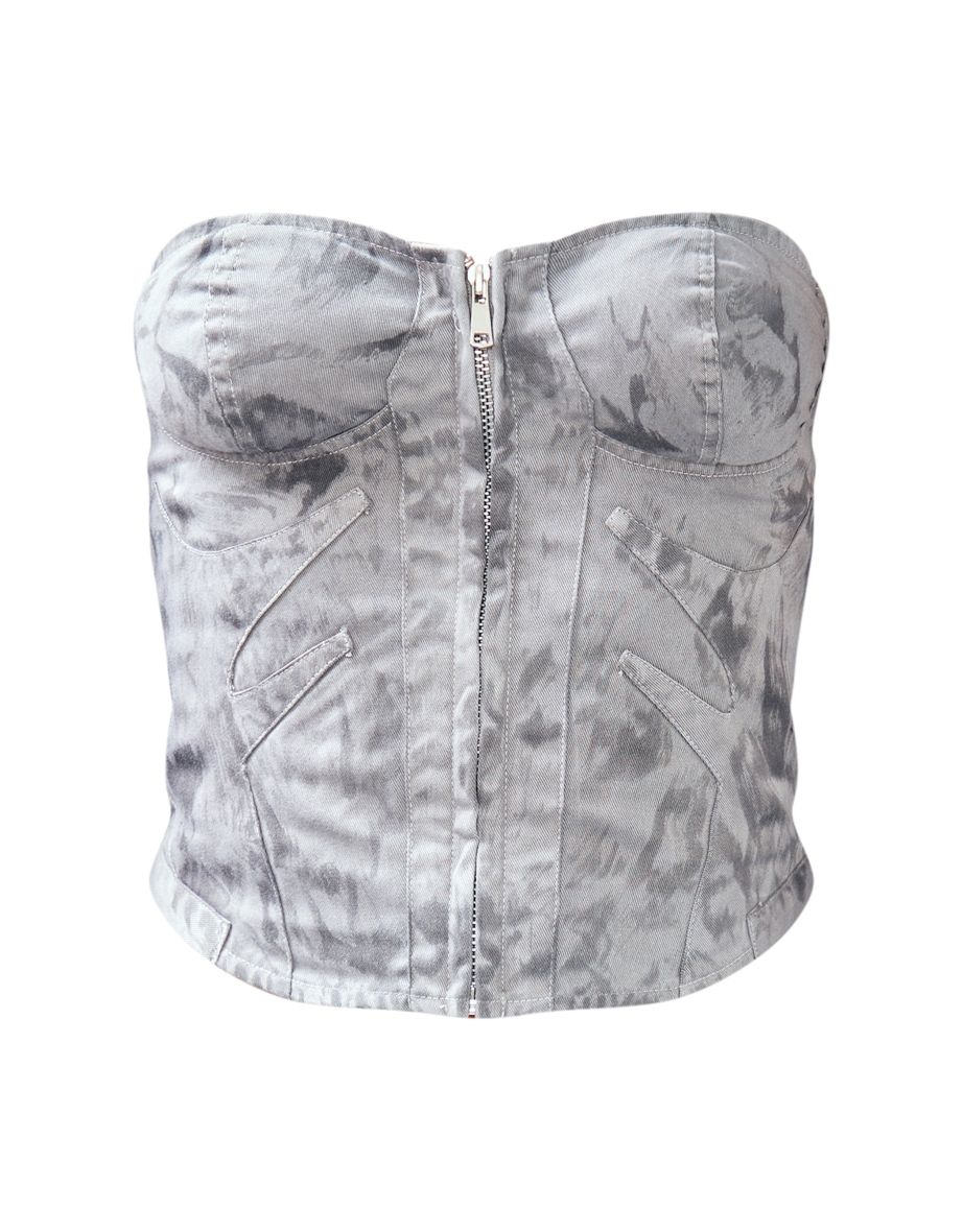 Charcoal Vintage Wash Twill Zip Front Corset - 4