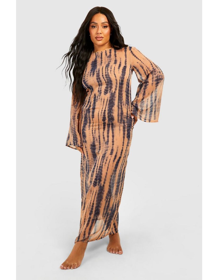 Plus Tie Dye Printed Flare Sleeve Beach Dress - brown