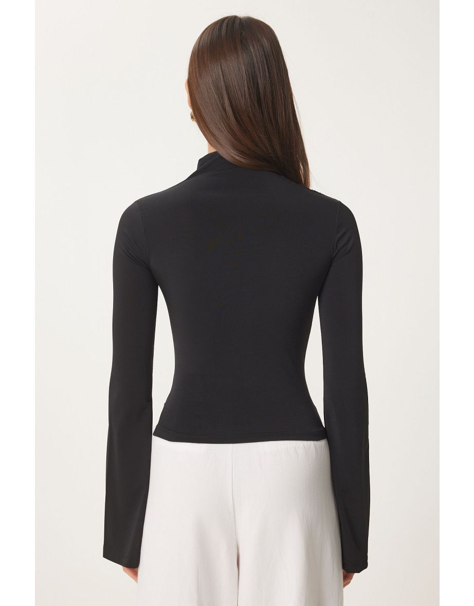 Women's Black Spanish Sleeve Gathered Sandy Knitted Blouse - 5