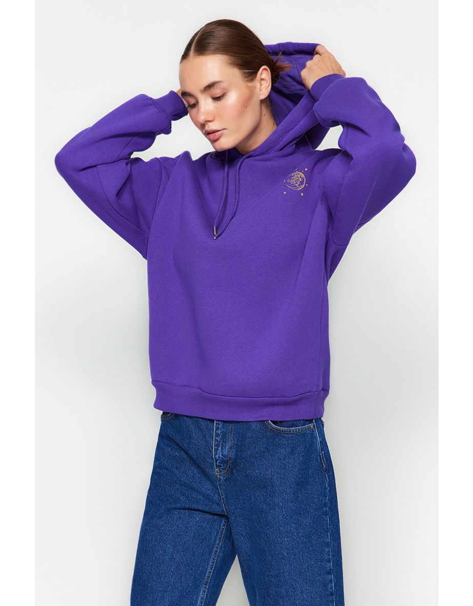 Purple Thick Fleece Hooded Printed Oversize/Wide Fit Knitted Sweatshirt