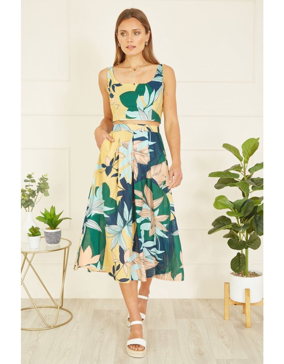 Yumi Multicolour Organic Cotton Leaf Print  Skirt