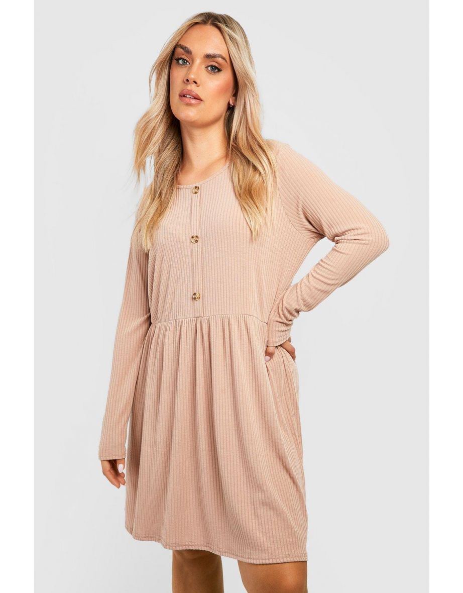 Plus Soft Rib Button Smock Dress - taupe