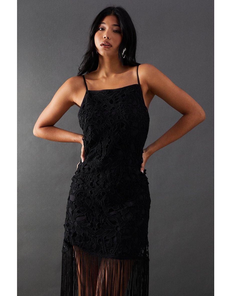 Corded Lace Strappy Fringe Hem Mini Dress - 3