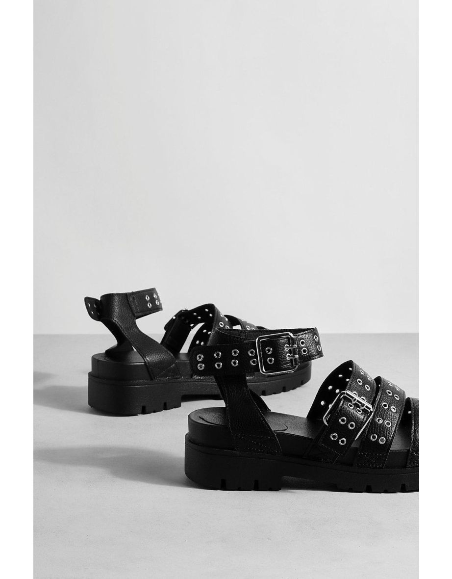 Chunky Platform Triple Strap Studded Flatform Sandals - black - 2