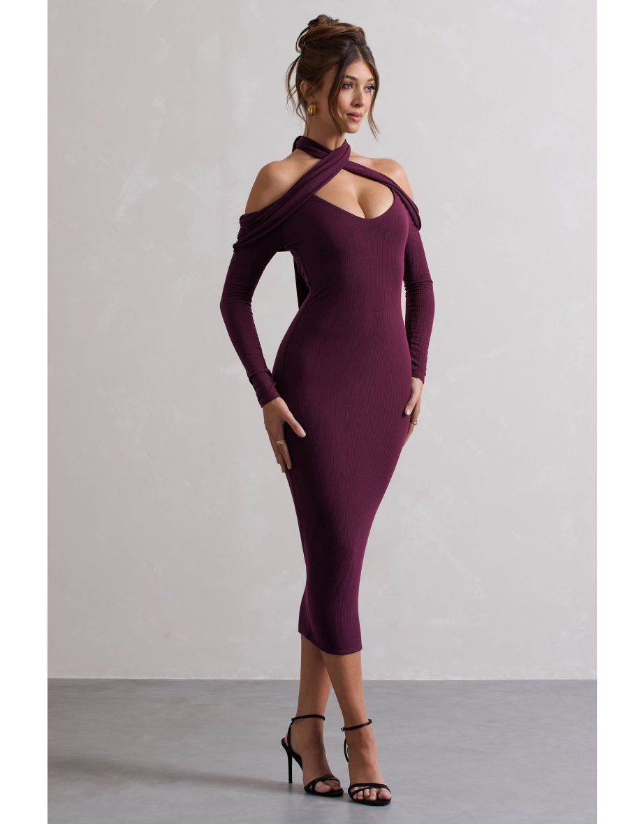 Duet | Plum Rib Knit Halter-Neck Midi Dress With Cut-Out - 4