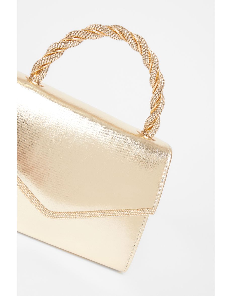 Gold Diamante Twist Top Handle Bag - 4
