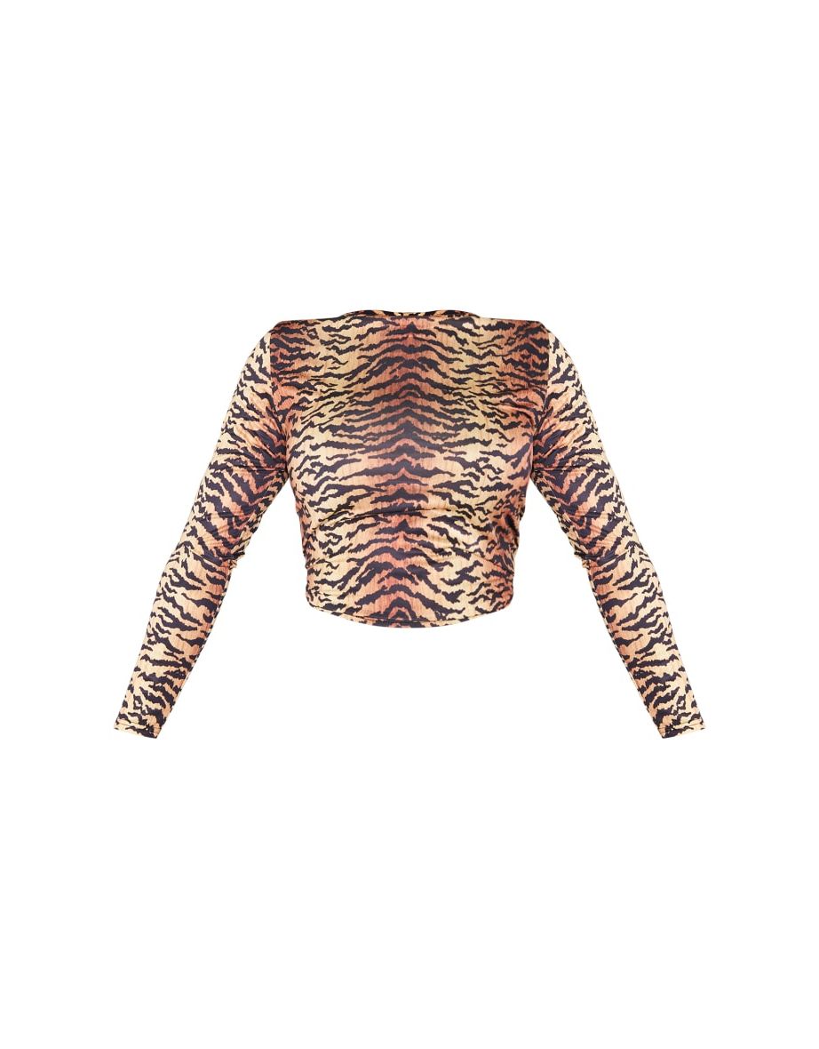 Shape Dark Brown Tiger Print Long Sleeve Crop Top - 4