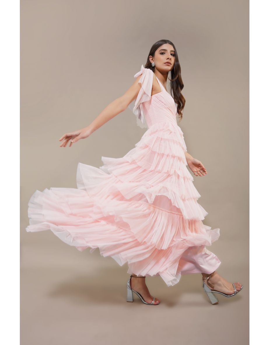 Ophelia Pink Maxi Dress with Tie Detail - 4