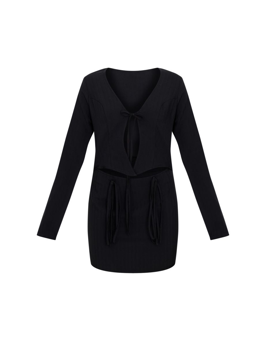 Black Tie Long Sleeve Bodycon Dress - 4
