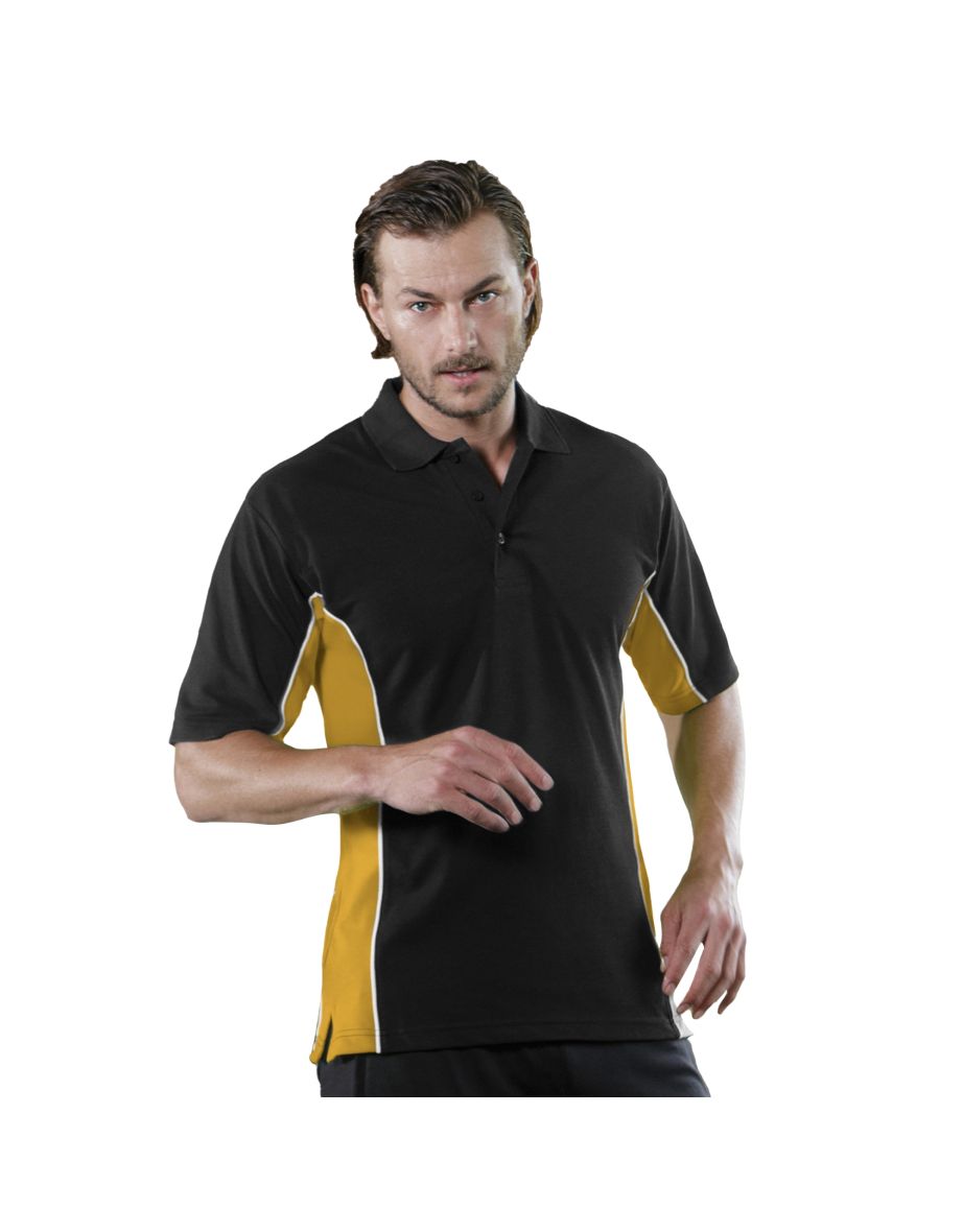 Gamegear Mens Track Pique Short Sleeve Polo Shirt Top - Black/Gold/White - 2