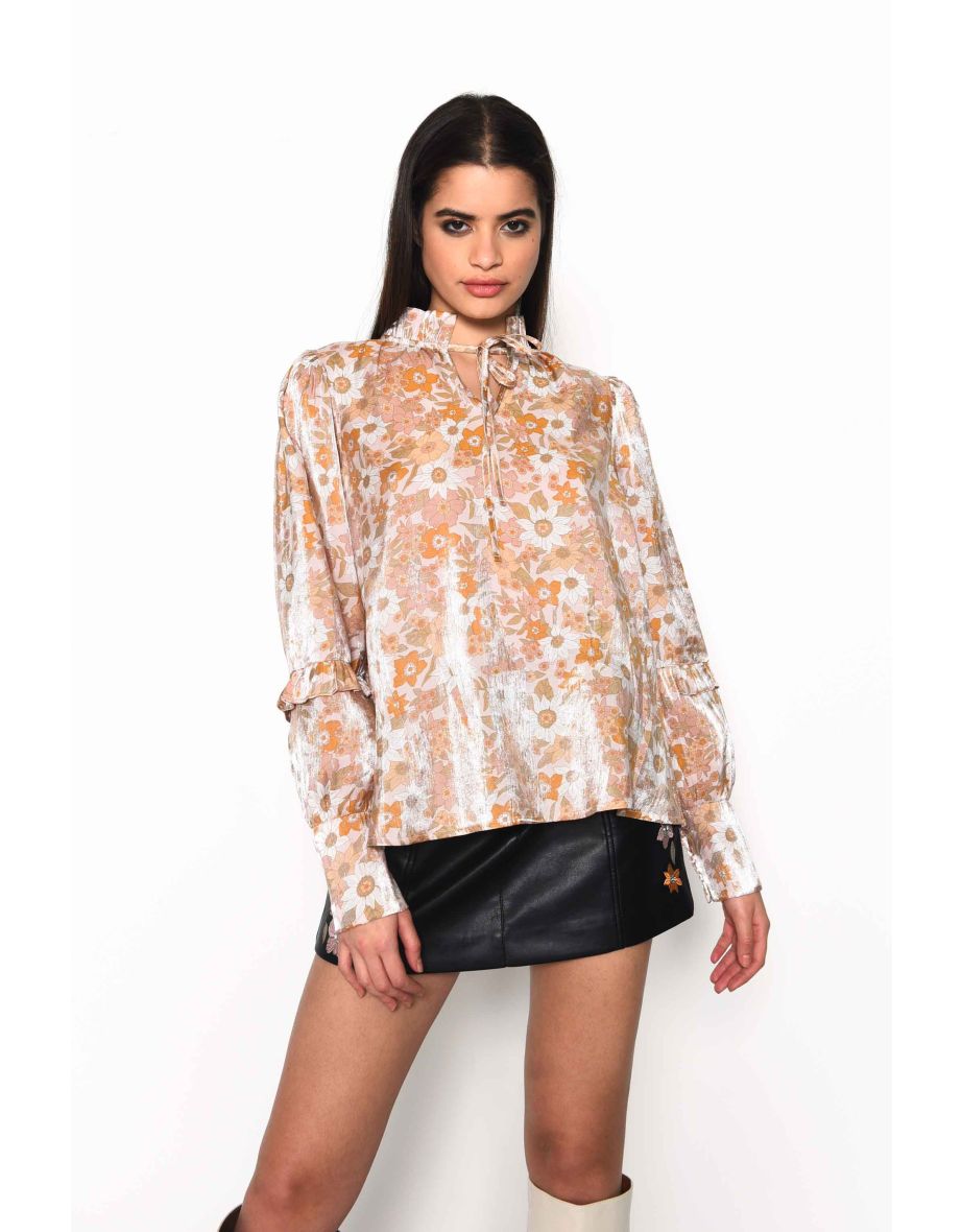 Glamorous Pink Gold Multi Floral Voluminous Fit Blouse with Neck & Sleeve Ruffle Detailing - 2