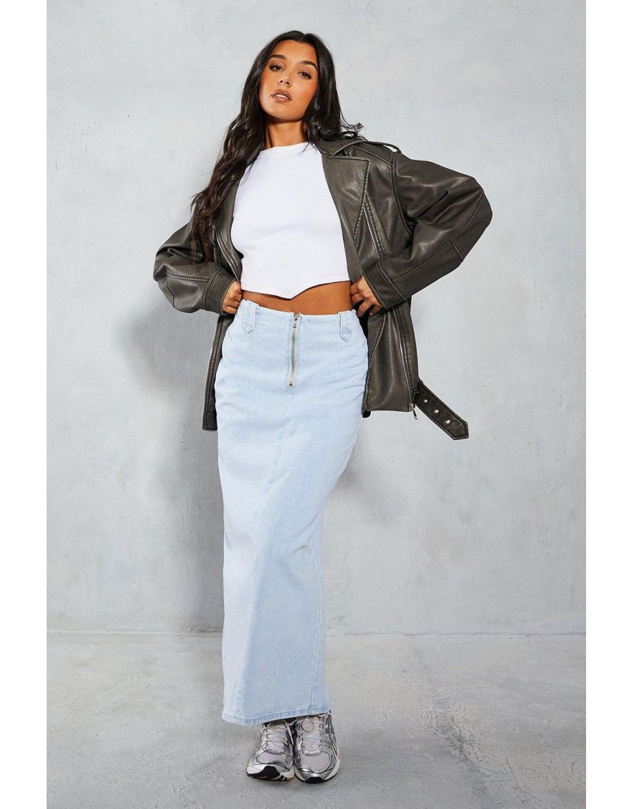 Denim Zip Front Maxi Skirt