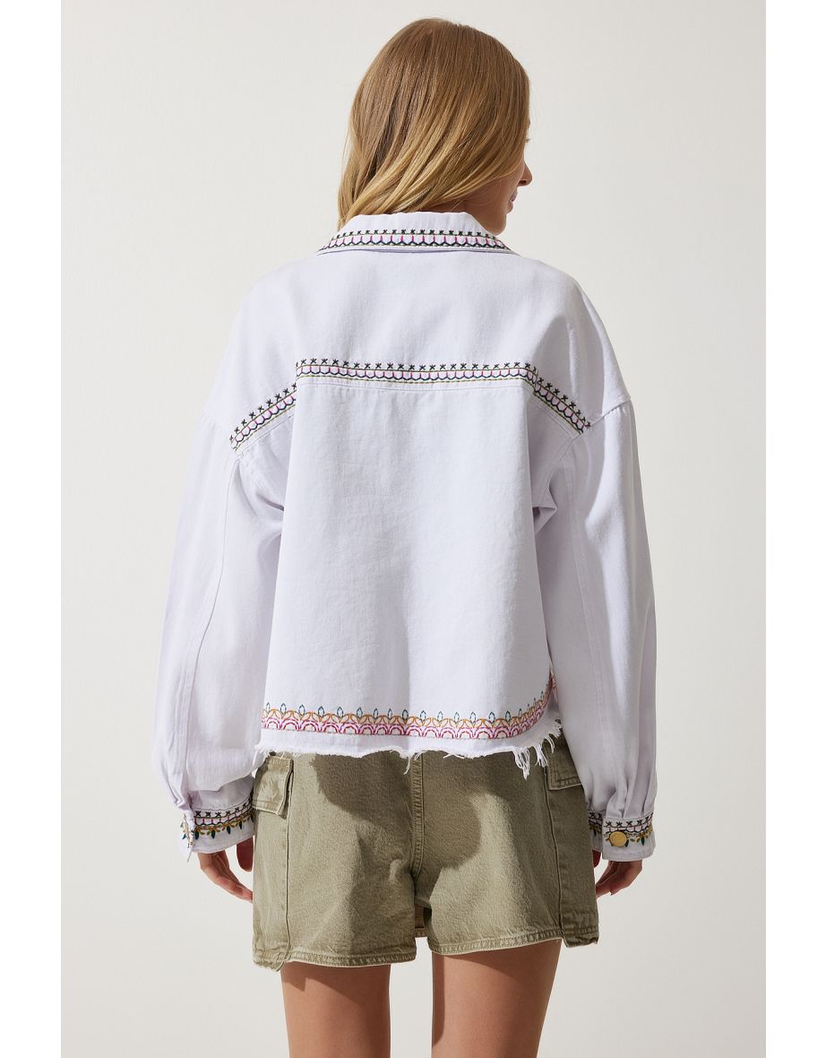 Women's White Embroidered Tasseled Oversize Denim Jacket - 7