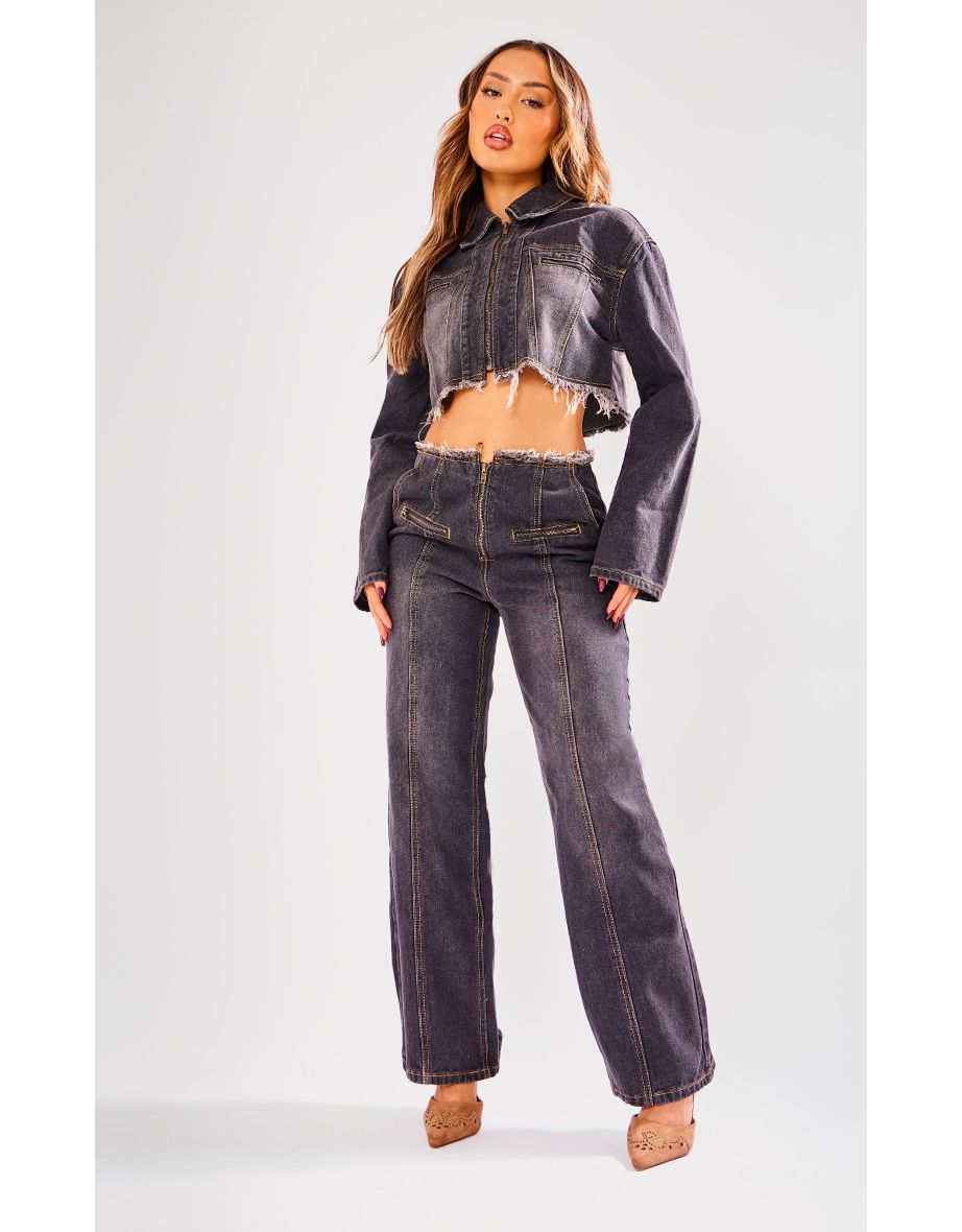 Petite Dirty Grey Raw Hem Straight Leg Jeans