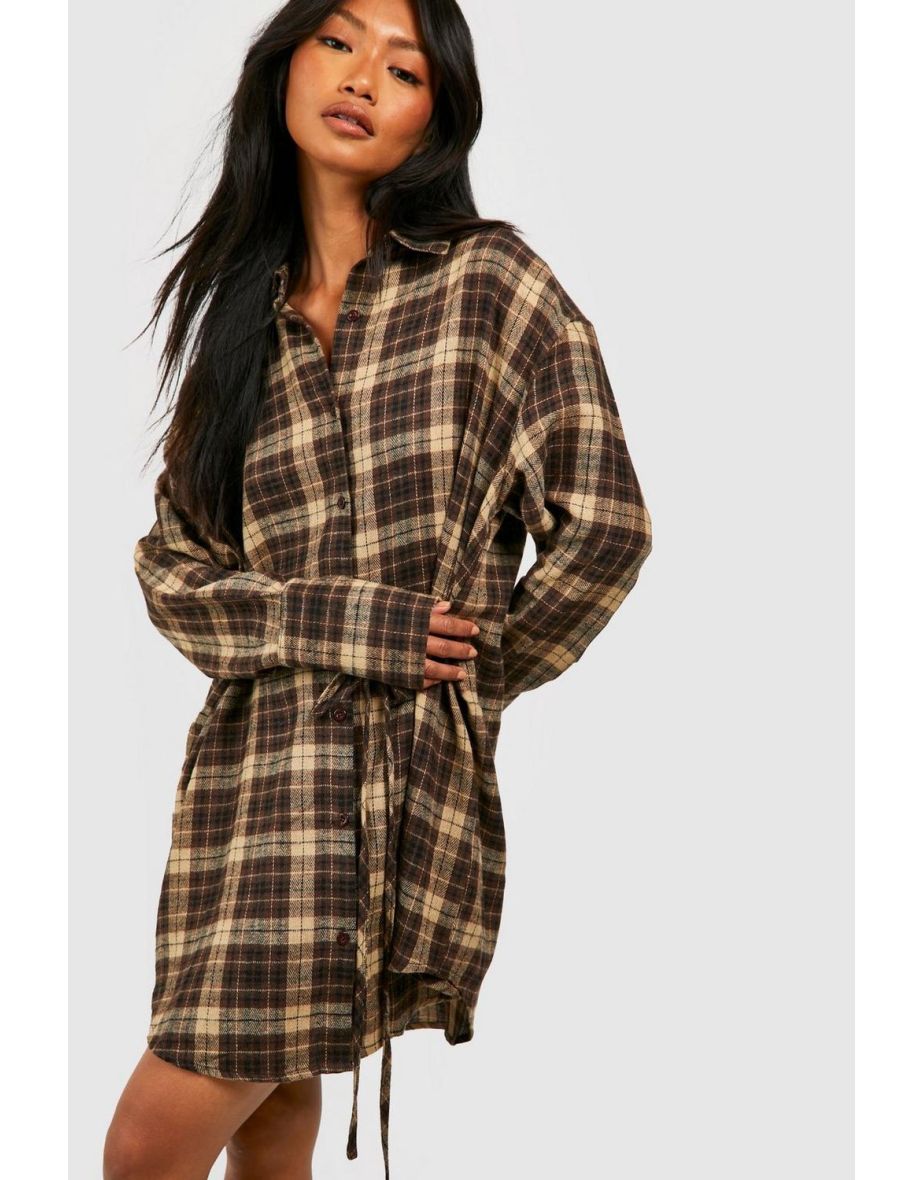 Check Cinched Waist Shirt Dress - chocolate - 3