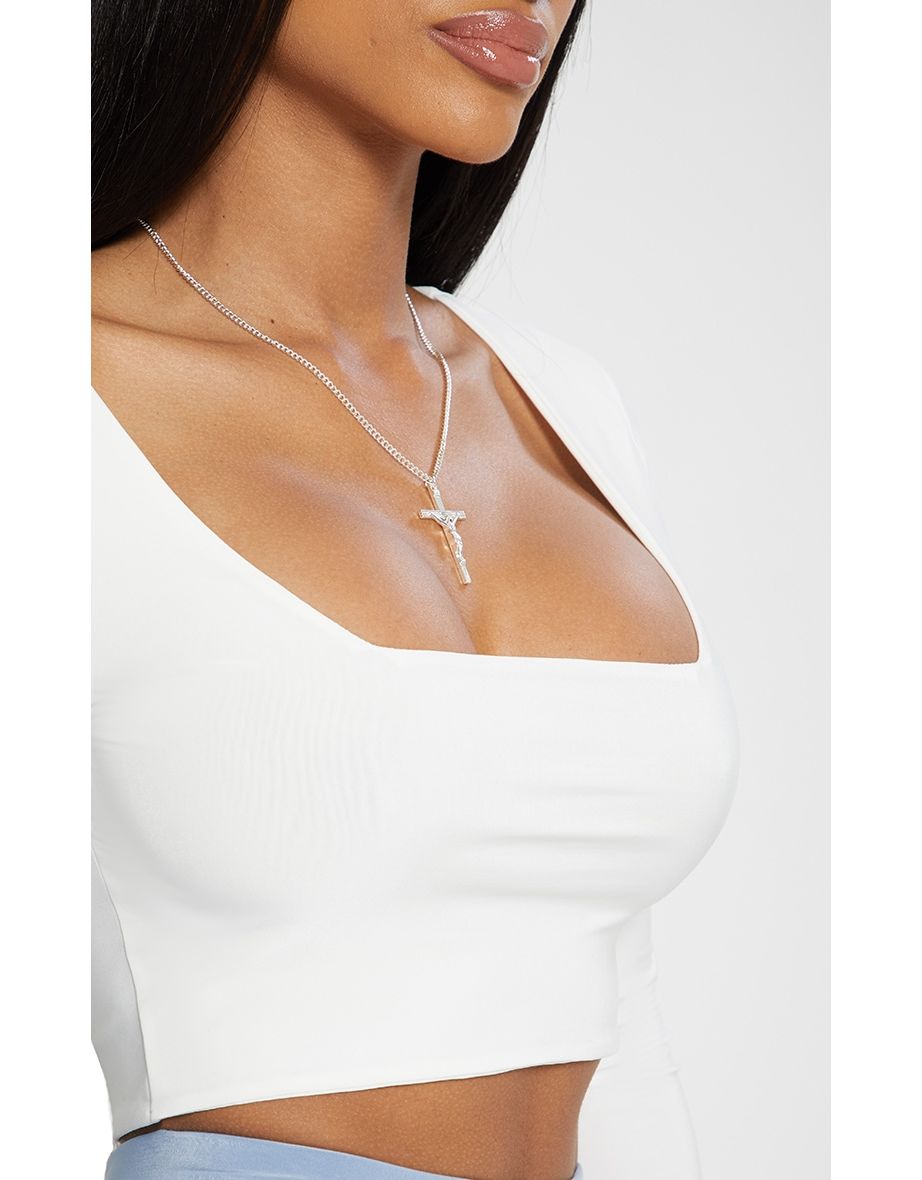White Second Skin Square Neck Long Sleeve Crop Top - 3
