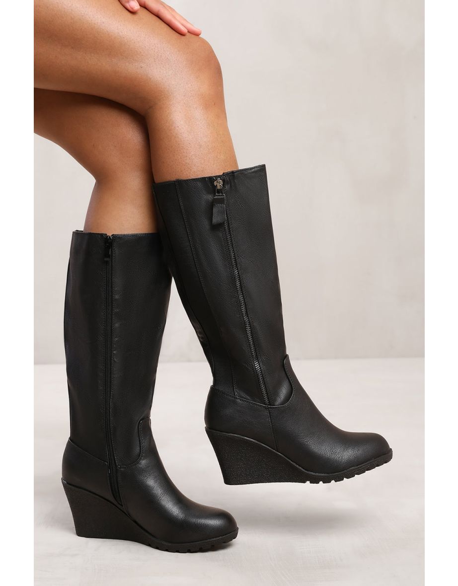 LARA WEDGE HEEL MID CALF HIGH BOOTS WITH SIDE ZIP IN BLACK FAUX LEATHER