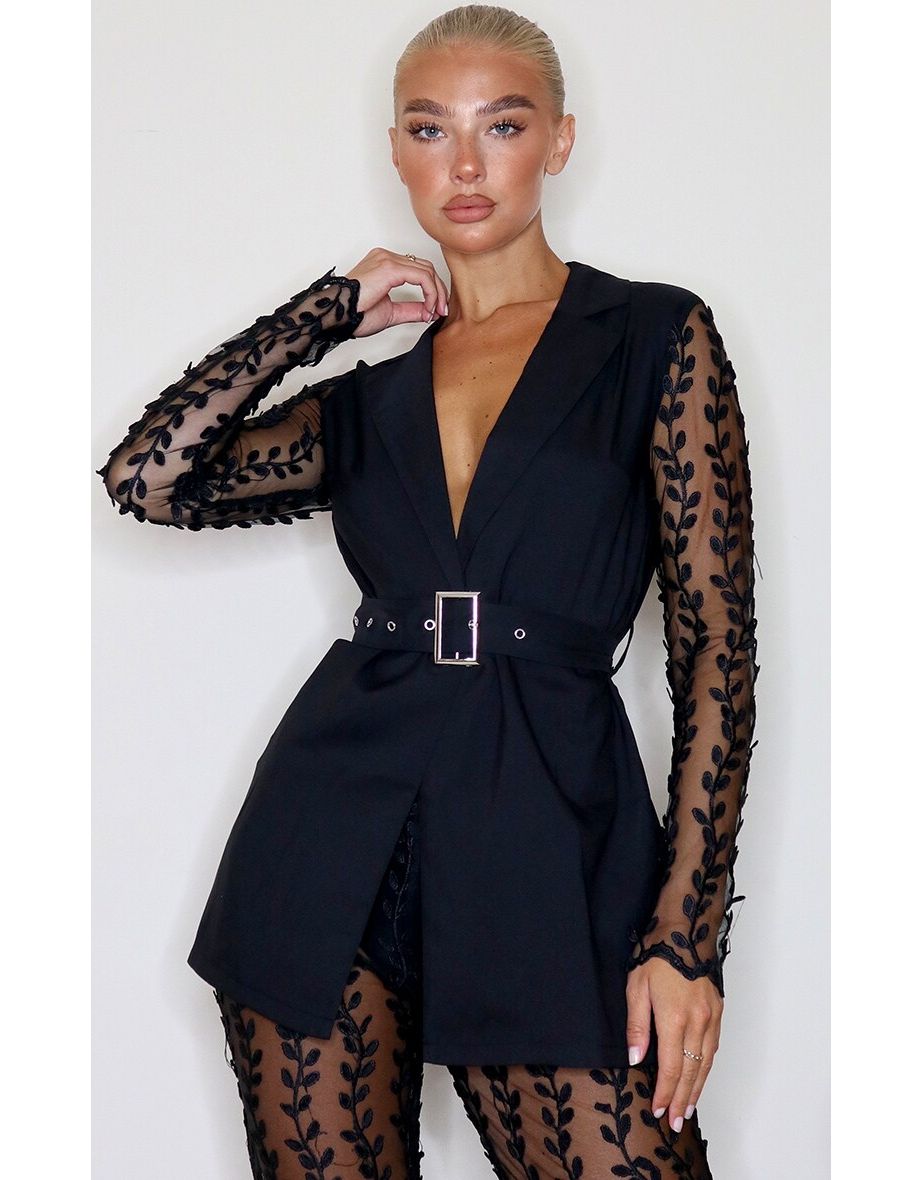 Shop Black Woven Lace Sleeve Belt Blazer Online in Bahrain VogaCloset
