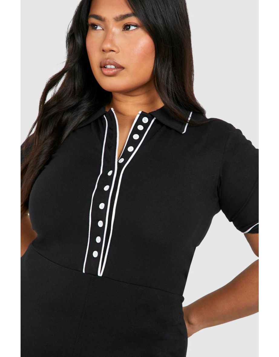 Plus Contrast Button Down Cotton Jumpsuit - black - 3